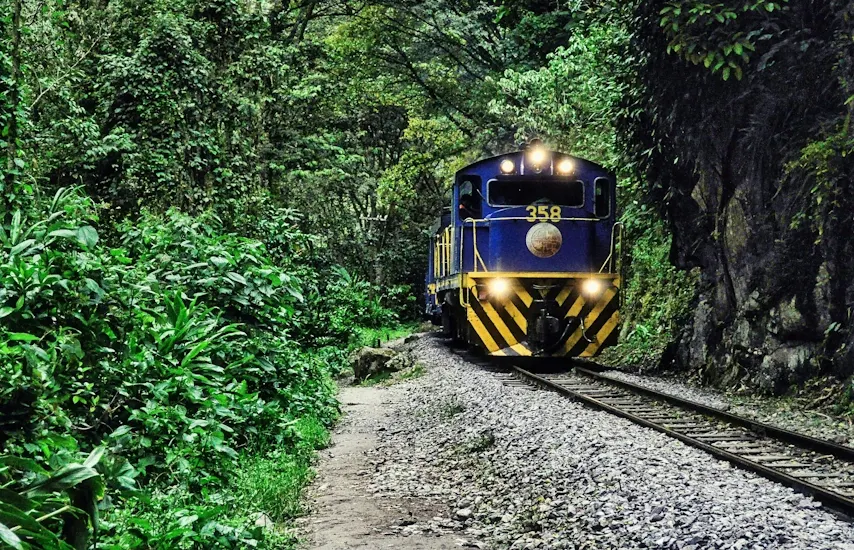 Una locomotora de tren azul y amarilla con el número 358 y faros encendidos avanza por una vía férrea angosta que atraviesa vegetación selvática verde y densa, flanqueada por acantilados rocosos empinados a un lado